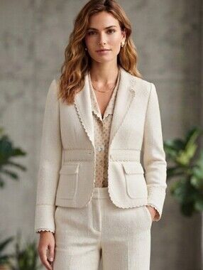 J. Crew Silk Cotton Textured Blazer Scalloped Trim Polka Dot Lined Off White
